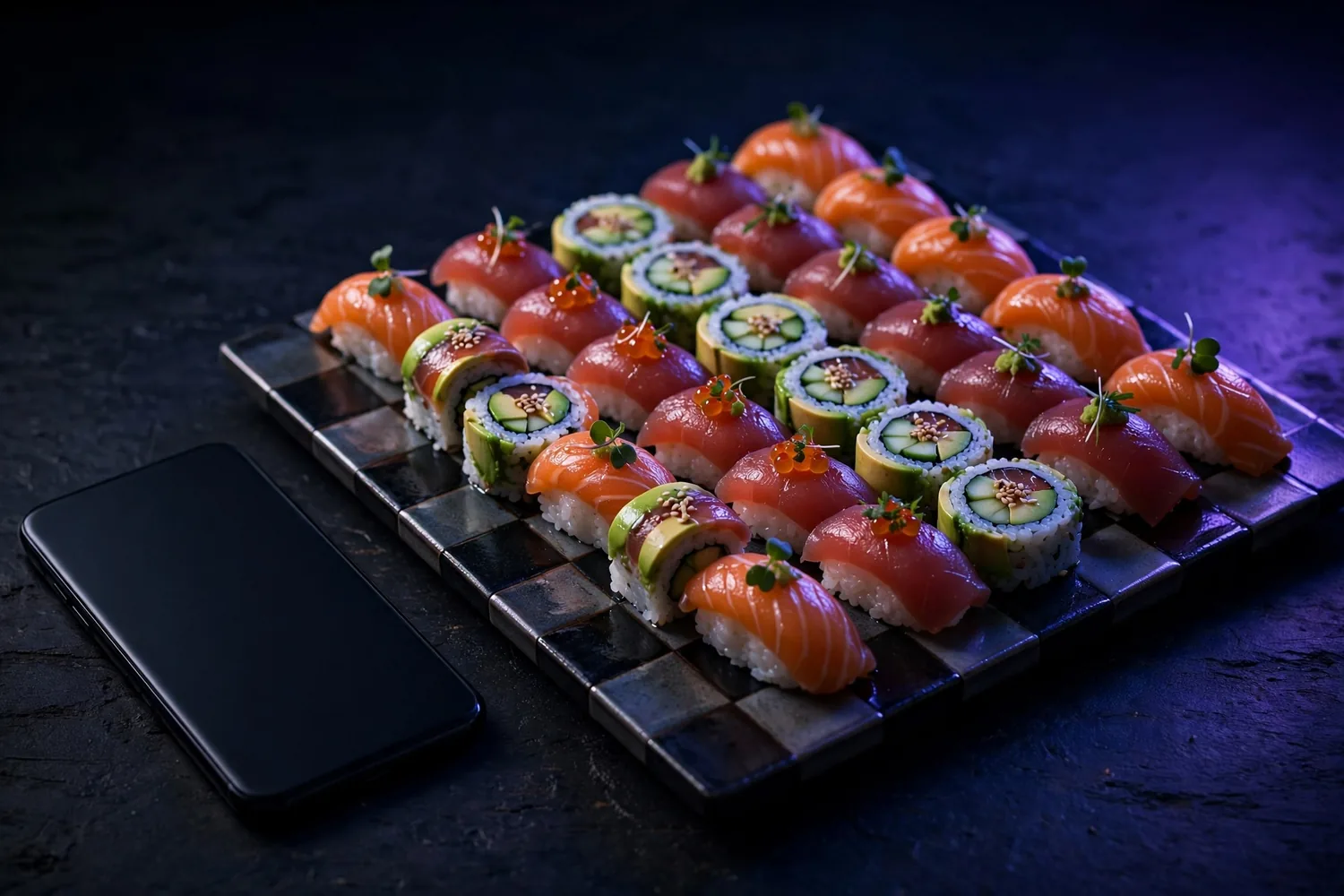 A phone beside a sushi platter