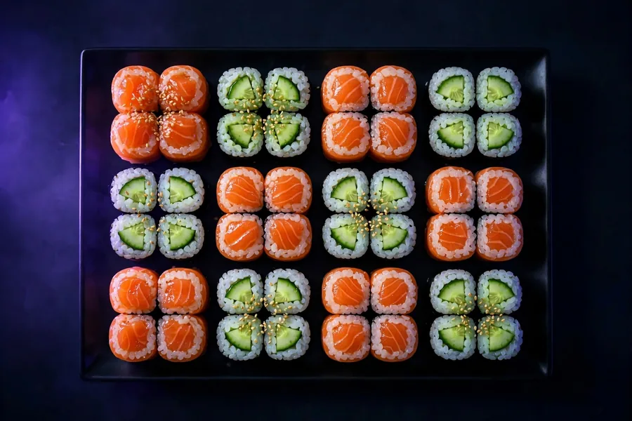 A checkerboard platter of twelve rolls