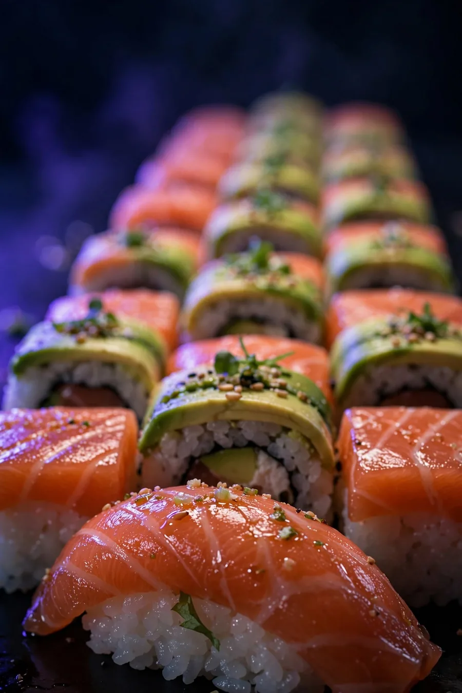 A close view along a sushi platter