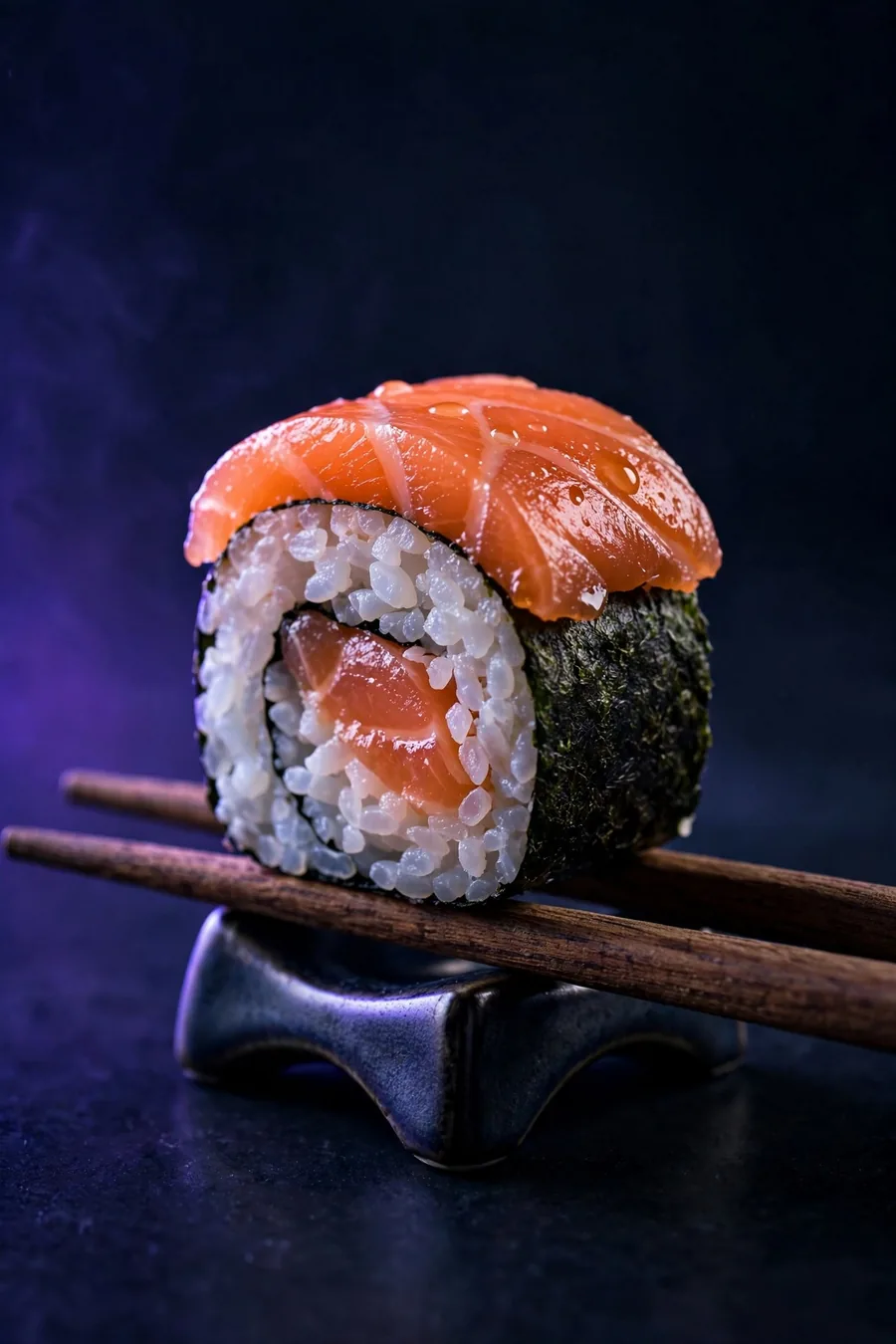 A salmon maki piece on chopsticks