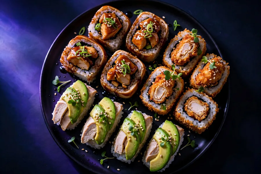 A chicken sushi platter