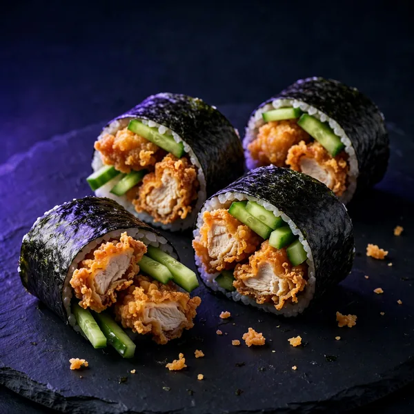 Crispy chicken and cucumber maki pieces
