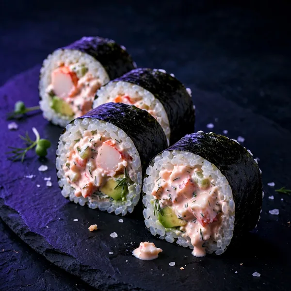 Lobster salad and avocado maki pieces