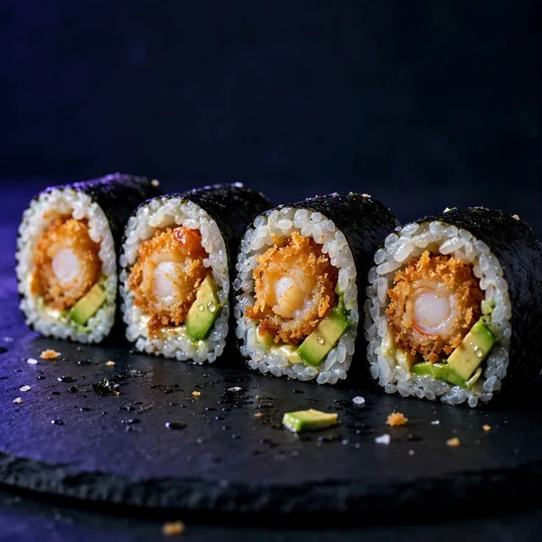 Prawn katsu and avocado maki pieces
