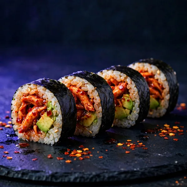 Spicy chicken and avocado maki pieces