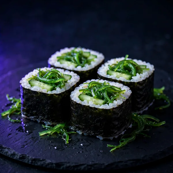 Seaweed salad and cucumber maki pieces